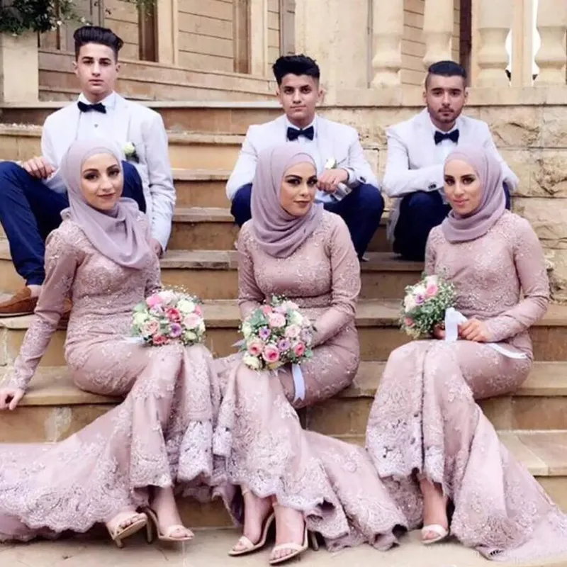 2018 Arabic Dubai Muslim Lace Long Sleeve Mermaid Bridesmaid Dresses Long Elegant Maid Of Honor Gowns Custom Made China EN1227