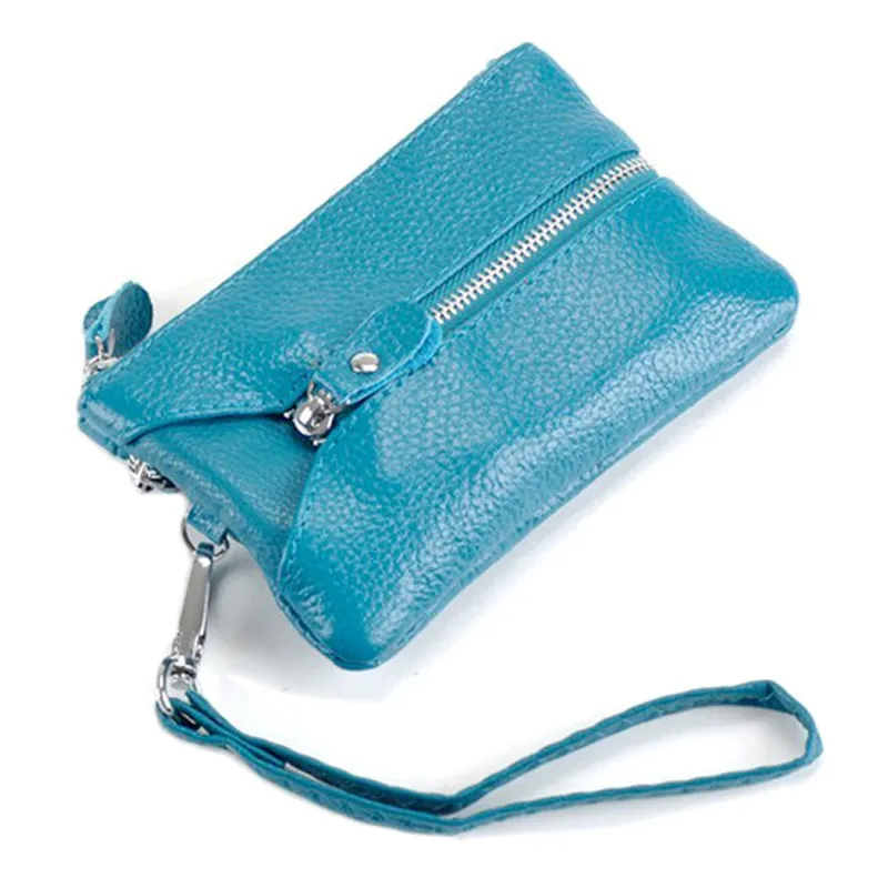 8 färger mode äkta läder plånbok nyckelhållare armband keychain cover dubbel dragkedja mynt handväska fickor kort handväska för kvinnor