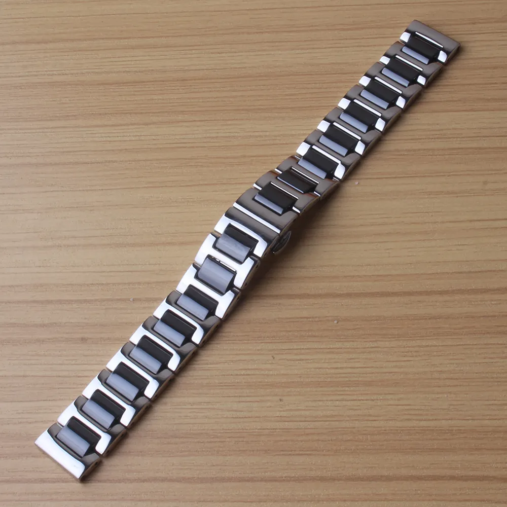 Cinturini orologi in acciaio inossidabile in ceramica nera argento Bracciale con estremità dritta nera con chiusura a pulsante a farfalla 14mm 16mm 18mm 20mm 22m In vendita