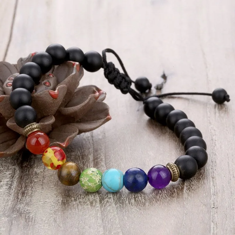 2021 Beaded Strands Seven Chakra Energy Stone Hand Treing of Natural Green and Gold Eye Verstelbare Geweven Bangle Lava-Rock Yoga Armband