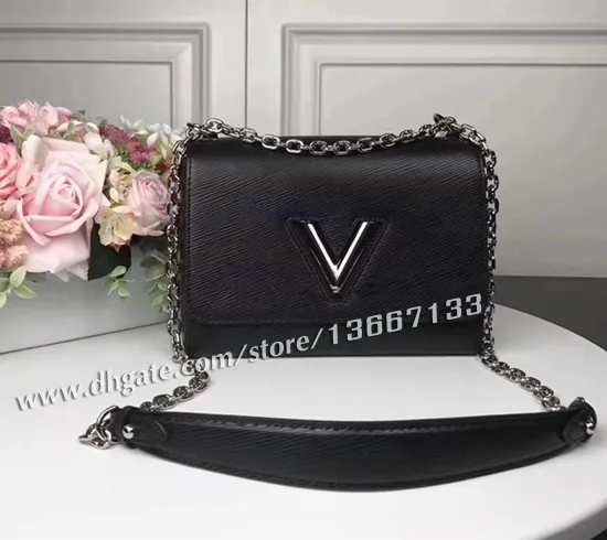 Borsa a mano con patta con chiusura a V in vera pelle da donna Designer Pochette nera Borsa a tracolla Twist Lady Borsa a tracolla con catena 50282 Borse a spalla Borse