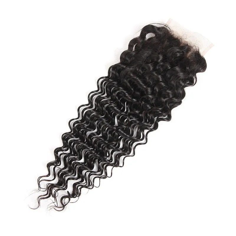 Бразильские девственные пучки человеческих волос с глубокими волнами и кружевной застежкой 4X4, 3 шт./лот, вьющиеся 100% утки человеческих волос