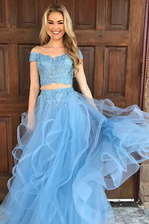 Twee stuk zwart wit prom dresses 2018 off-schouder top kant vloer lengte avondjurken tiered vintage arabische echte vakantie feest goedkoop