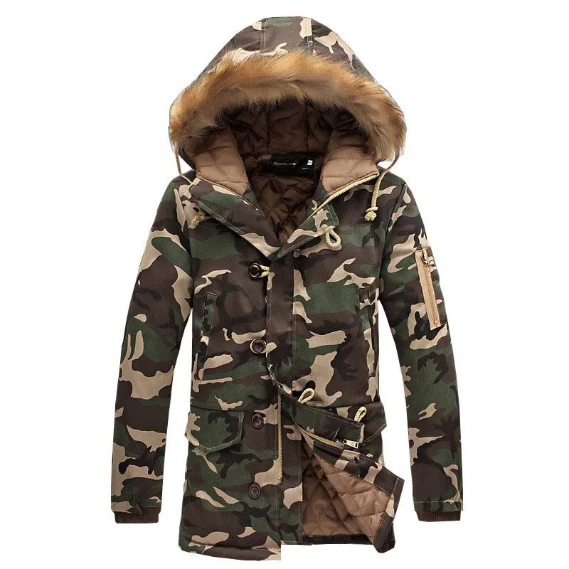 Novo jaqueta de camuflagem masculina de inverno e casacos com capô de pele quente parka de moda masculino casacos de outwear