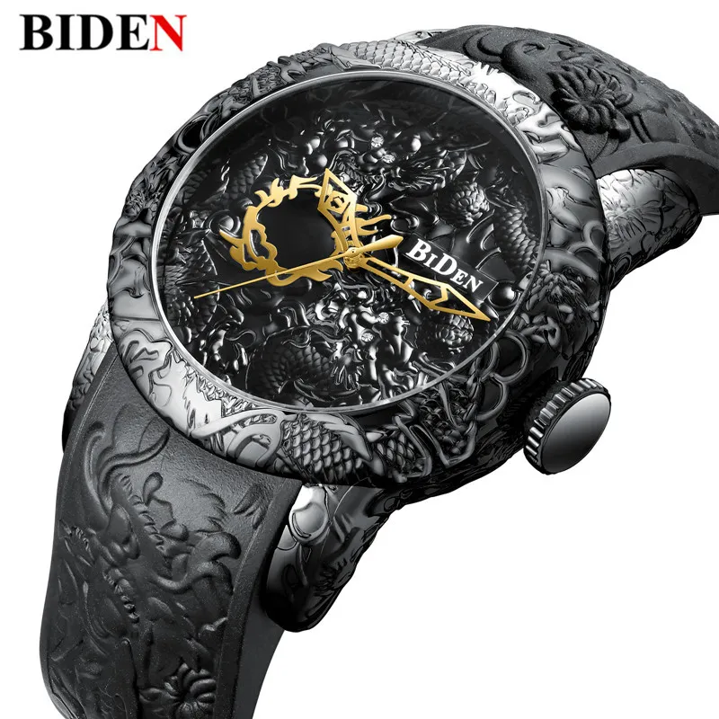 新しいファッション 3D 彫刻ドラゴンメンズクォーツ時計ブランド BIDEN ゴールド腕時計メンズ絶妙なレリーフクリエイティブ時計レロジオ