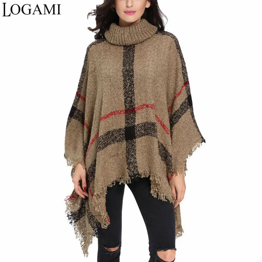 Logami Poncho estilo casaco outono inverno poncho confecção de turtleneck mulheres longas ponchos e capas camisola pullovers puxar femme