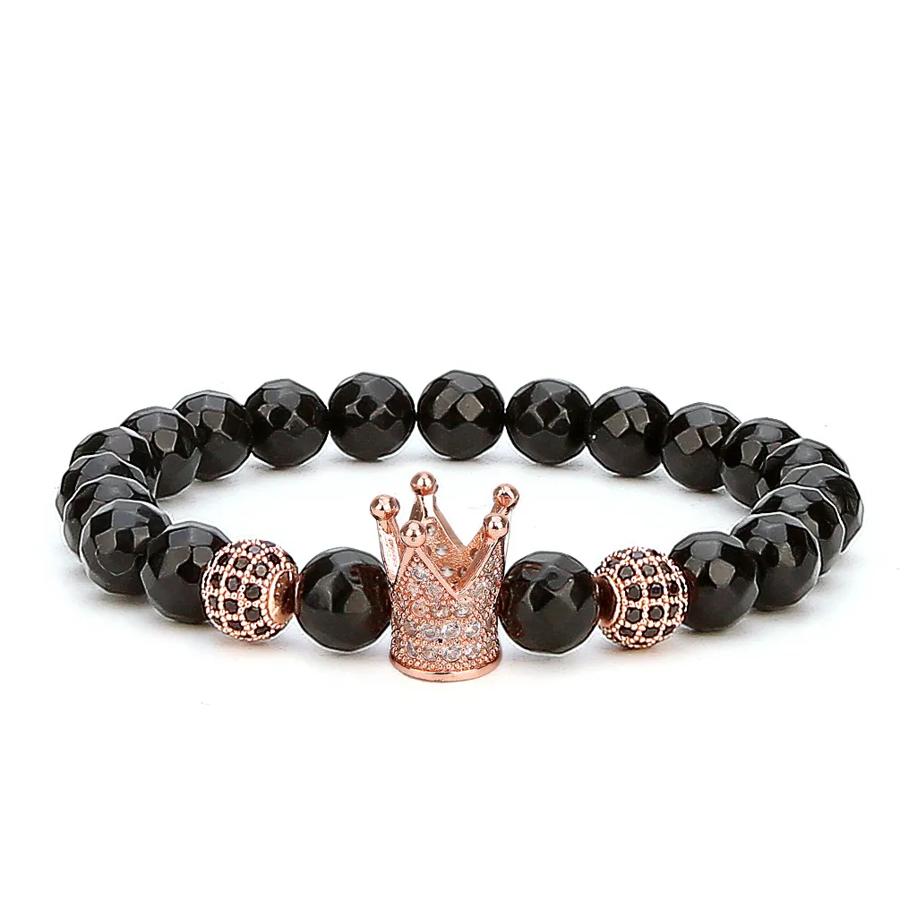 2018 Ny mode 10pc / set Crown Beads Armband Charm Handgjorda smycken för män Kvinnor 8mm Multi-sektion Svart Onyx Stone Pärlor