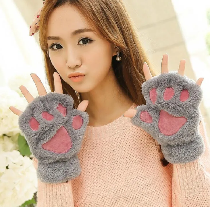 Fluffy Bear paw gloves mittens Cat Plush Paw/Claw Glove Novelty Halloween soft girl half finger gloves mittens /pair