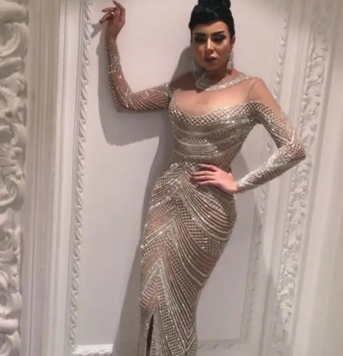 Wieczorna sukienka Yousef Aljasmi Kim Kardashian Long Rleeve O-Neck Kościa z koralikami podzielonka Almoda Gianninaazar Zuhlair Murad Ziadnakad 0019
