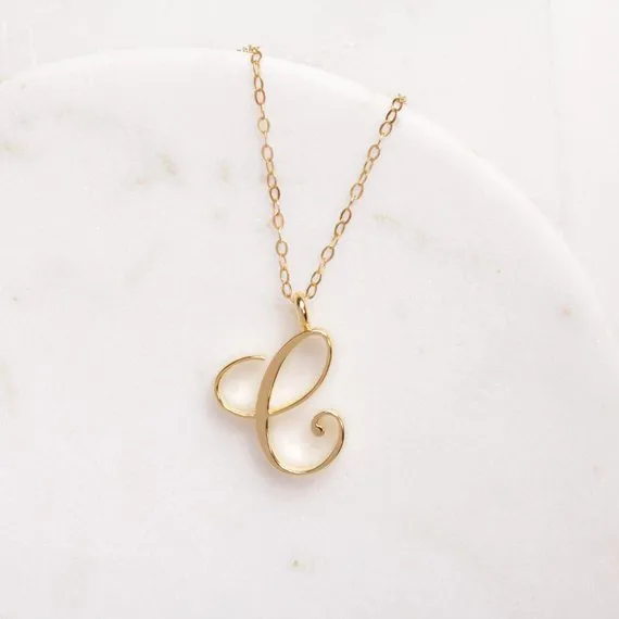 Gold/Silver Letter C Pendant Necklace: C Initial Cursive Fashion