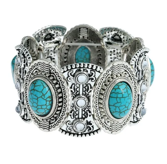 Manschettenarmband Türkis Ethnisch Übertrieben Breit Nepal Vintage Armband Versilbert Diamanten Türkis Mode Charm Schmuck für Frauen