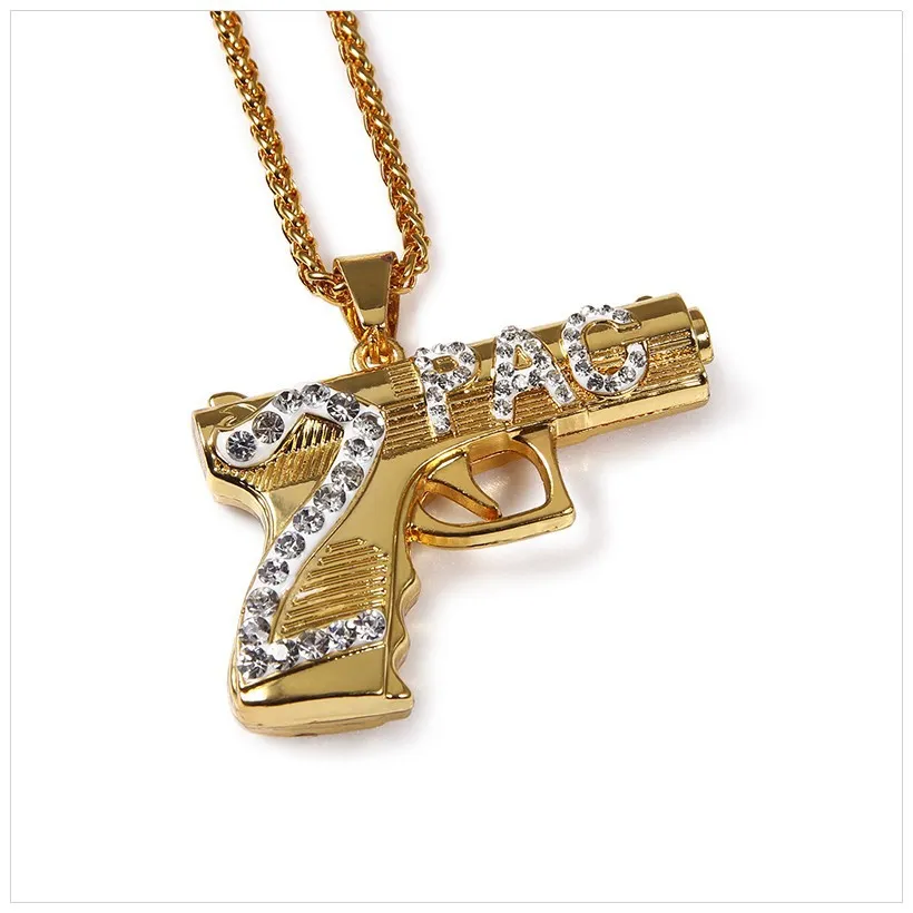 Fashion Hip Hop Iced Out Pendant Necklace Jewelry Gold Chain Gun Shape Pistol Pendant Necklace For Men