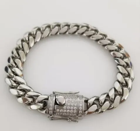 Herren-Armband aus silbernem Edelstahl, 12 mm, 8,5 Zoll, Diamant-Kastenverschluss, Miami-Kubanisches Gliederarmband