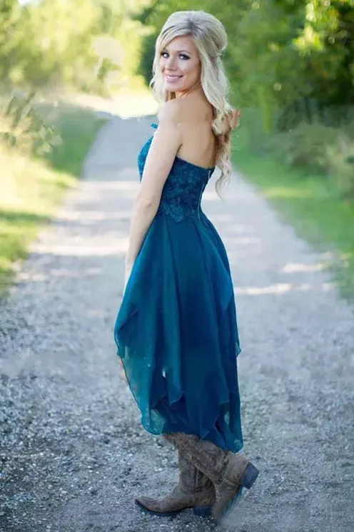 Gorąca Sprzedaż 2017 Teal Blue Asymmetical Hi Niski Krótki Country Druhna Sukienki Tanie Sweetheart Koronki i Szyfonowa pokojówka Honor Gown EN12251