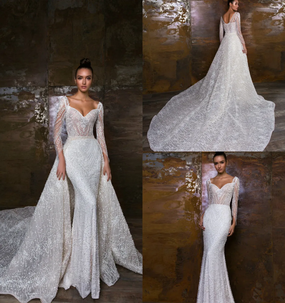 2018 Crystal Design Mermaid Bröllopsklänningar med avtagbara tåg V Neck Lace Appliques Pärlor Långärmad Bröllopsklänning Sequins Bridal Gown