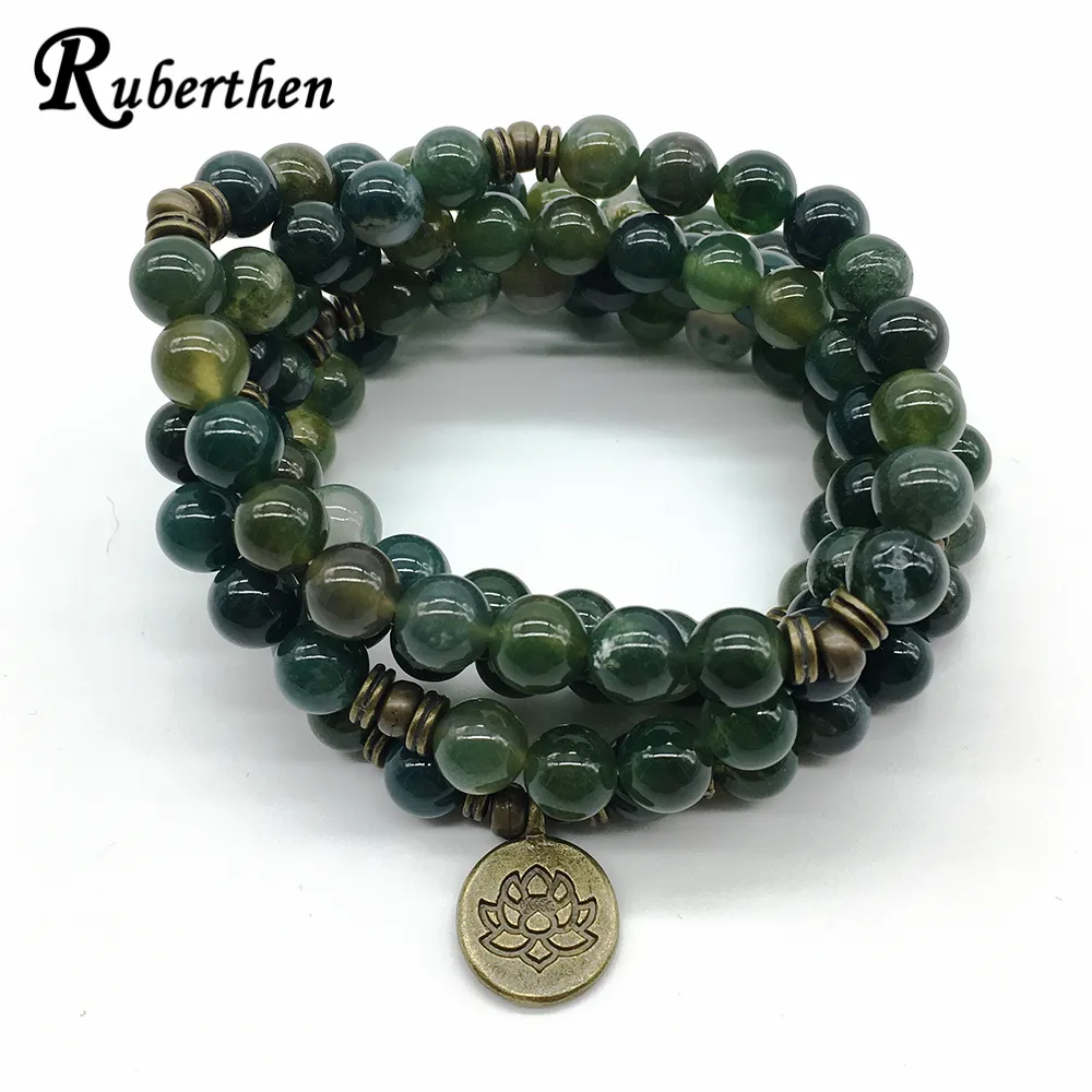 Fili di perline Ruberthen Design di alta qualità Bracciale o collana di guarigione yoga Pietra di muschio naturale Lotus Meditativo 108 Gioielli Mala Yoga