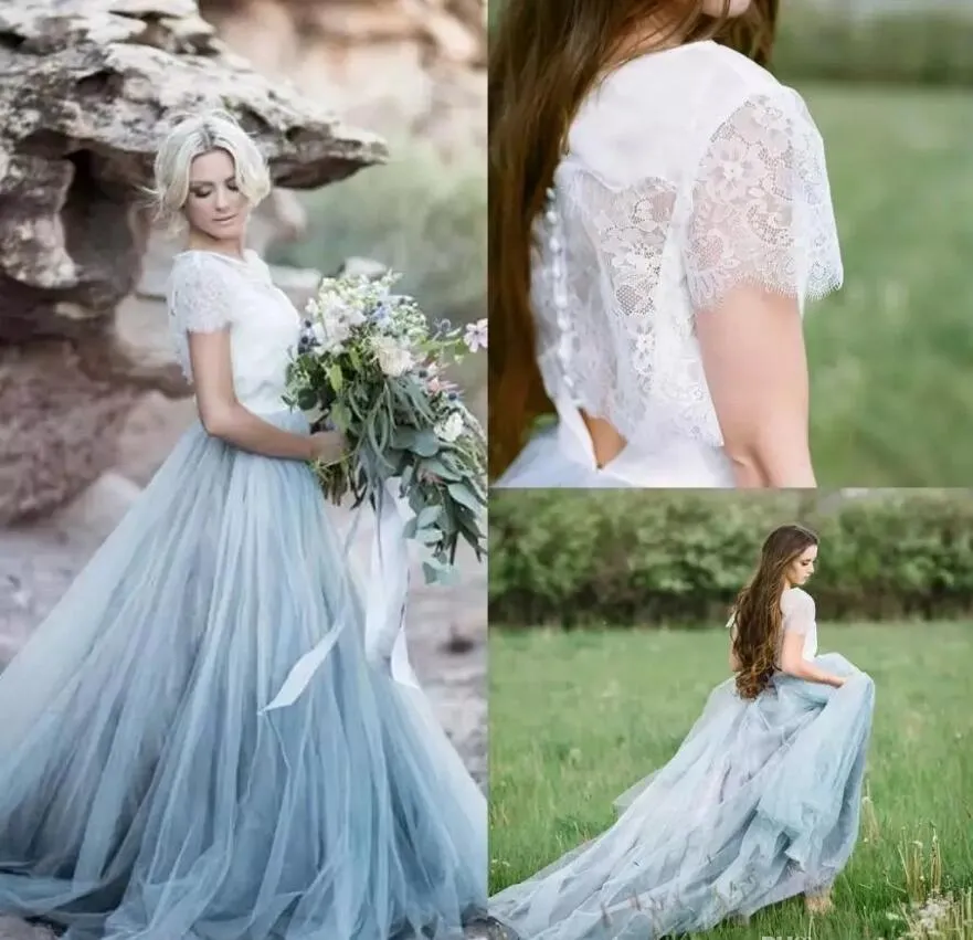 2017 Fairy Beach Boho Robes De Mariée En Dentelle Une Ligne Doux Tulle Cap Manches Courtes Jupes Bleu Clair Plus La Taille Boutons Robe De Mariée Bohème