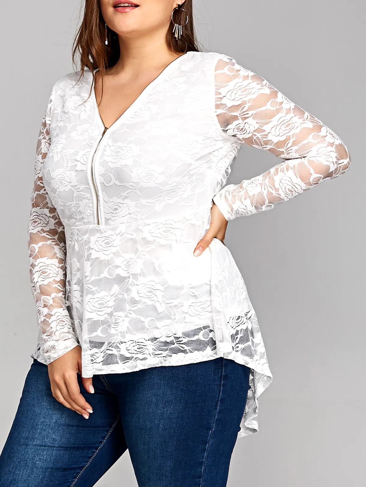 AZULINA Tallas Grandes Ropa De Mujer Encaje Dip Hem Peplum Top