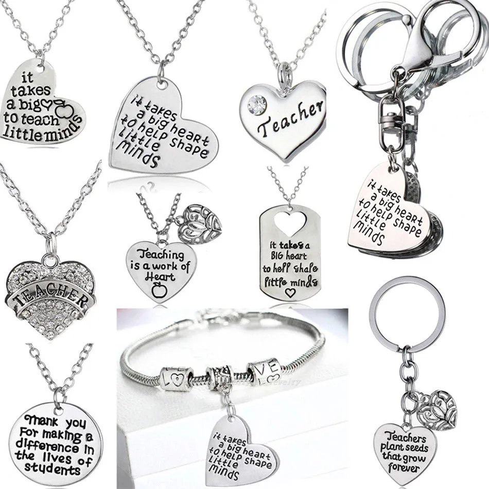 Hela Salefashion Lärare Gåvor Halsband KeyRings Nyckelringar Kärlek Hjärta Pendants Charms Silver Plated Smycken Xmas Lärare Halsband