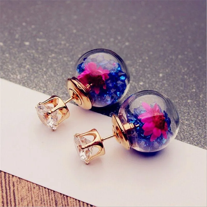 S35 Hot Europe Fashion Jewelry Cute Glass Ball Rhinestone Flower Stud örhängen Kvinnor Eleganta örhängen