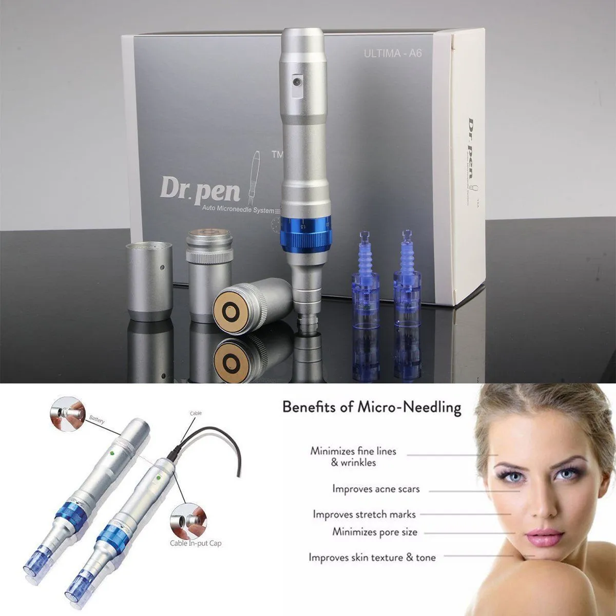 Rechargeable Wireless Derma Dr Pen Ultima A6 Microneedle Stamp Roller with Needle Cartridges Adjustable 0.25mm-2.5mm