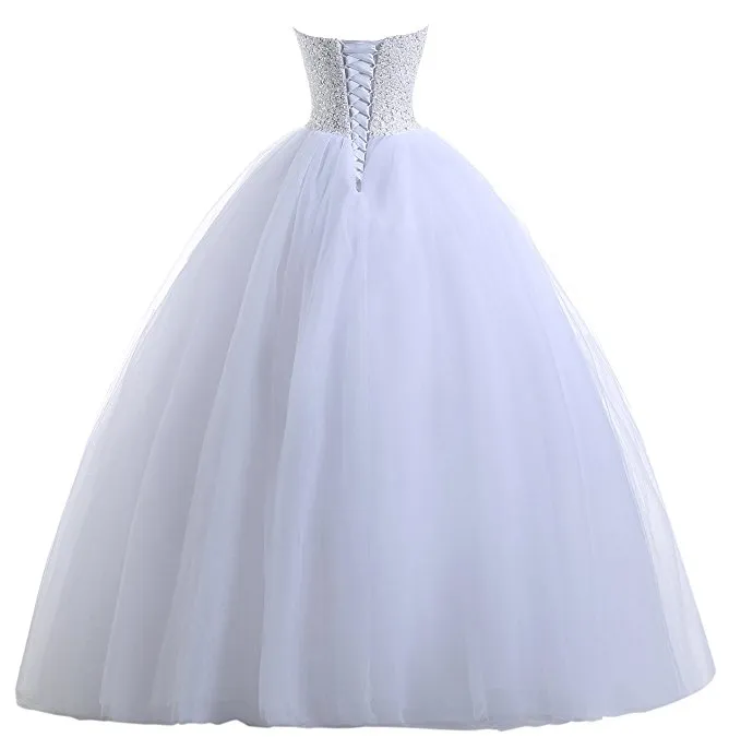 Beaded Tulle Ball Gown Bröllopsklänning 2020 Vit Elfenben Längd Brudklänningar Nya Brudklänningar Vestidos de Novia Sweetheart / Off Shoulder