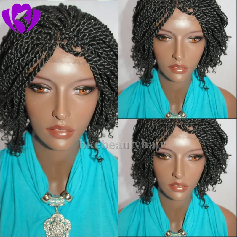 Stock Short Braided Lace Front Wig Natural Black Kinky Twist Tip Braid Synthetic Wig For American Black Women