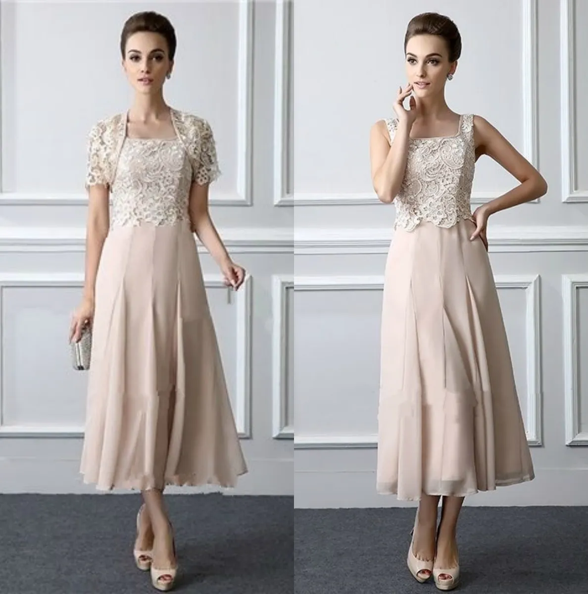 Elegant Mother Of The Bride Dresses Tea Length Lace Formal Gowns With Jacket Square Neck Elegant Two Pieces Wedding Mothers Groom Dress