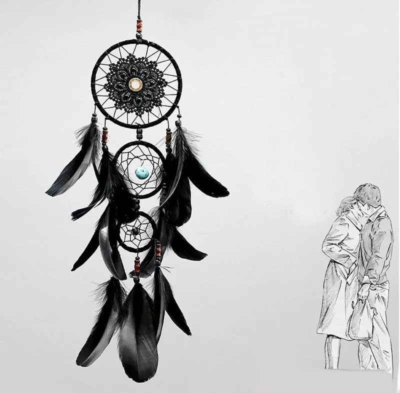 Dreamcatcher Fatto a mano Dream Catcher Net con piume Campanelli eolici neri Appeso a parete Ciondolo auto Ornamento Regalo feste Decorazioni la casa5812348