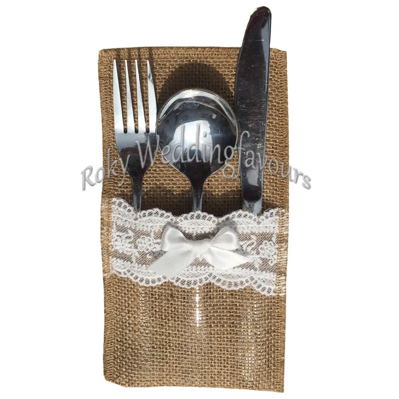 12 SZTUK JUTE Koronka Sztućce Kieszonkowe Nóż Burlap I Forek Bag Vintage Wedding Tableware Torba 4 "X8" Burlap Holder Bag