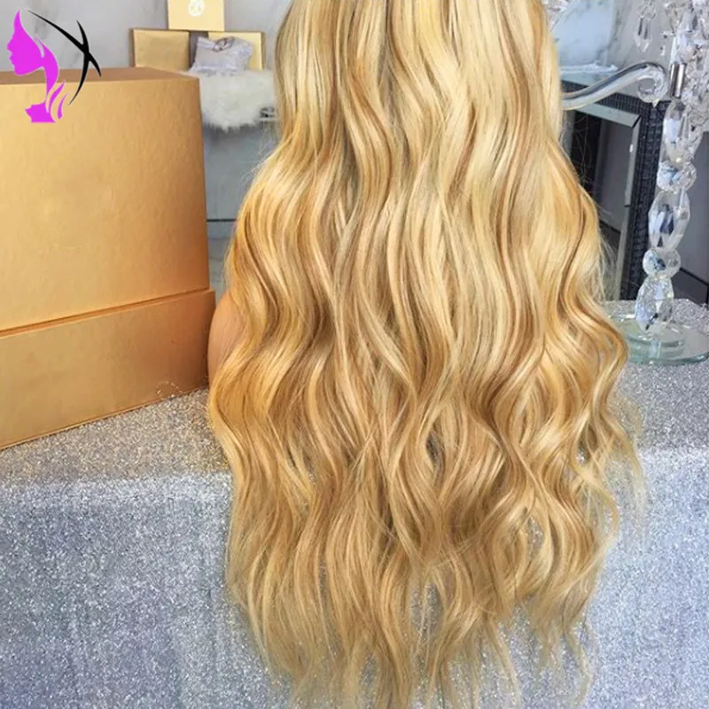 Ombre 1b / blondpärv lång kroppsvåg värmebeständig fiberljus syntetiska spetsfront peruker med mörka rötter för kvinnor