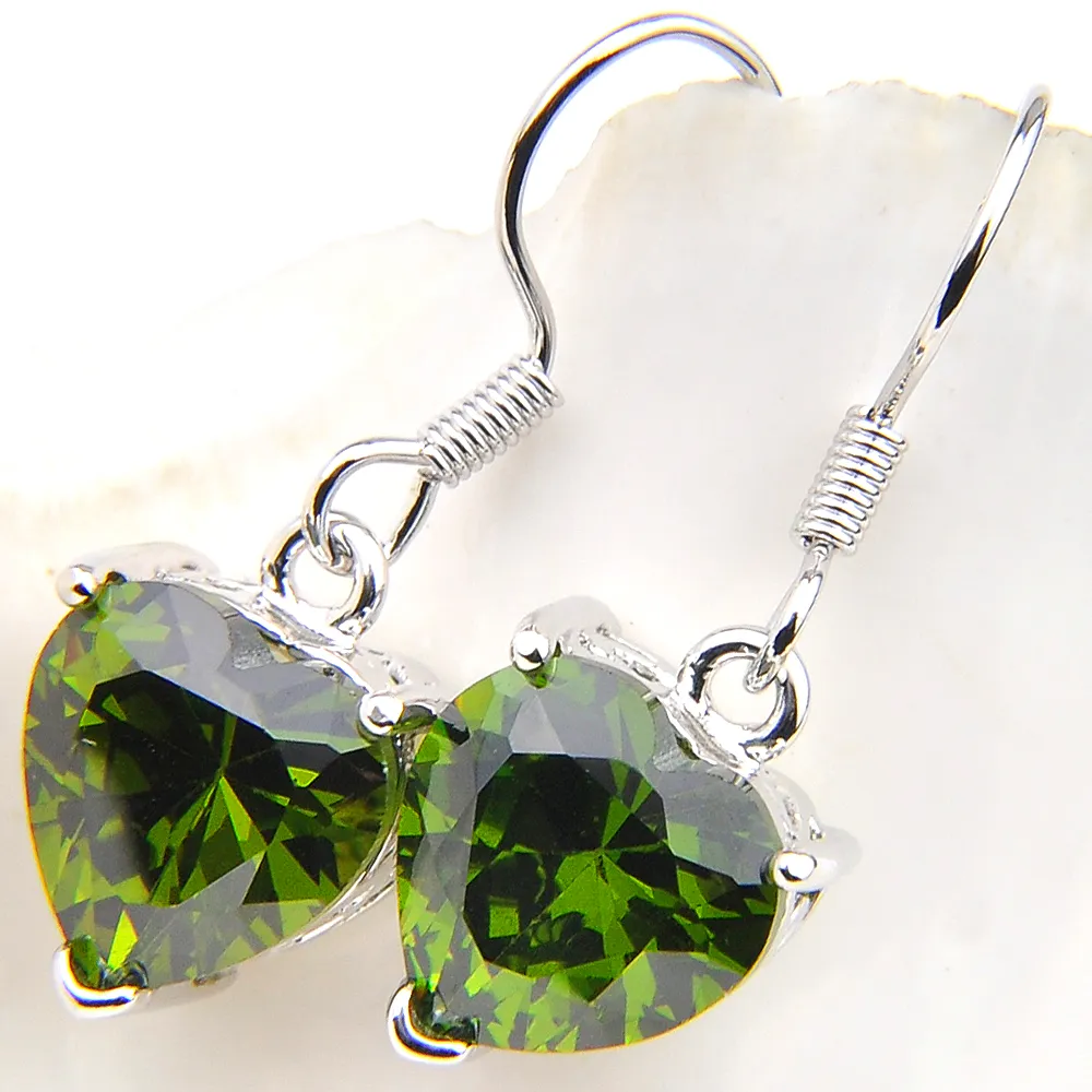 LuckyShine Silver Heart Cut Green Peridot Gem Earrings For Women's Cubic Zirconia Dangles Earrings