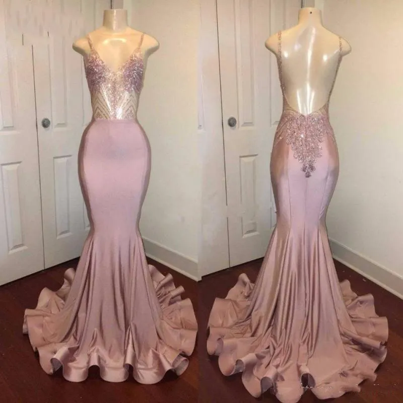 Modest Sparkle Sequins Blush-Pink Prom Dress Sexy Beaded Open Backless Long Mermaid Party Dresses Dubai Arabia Evening Gowns Vestidos