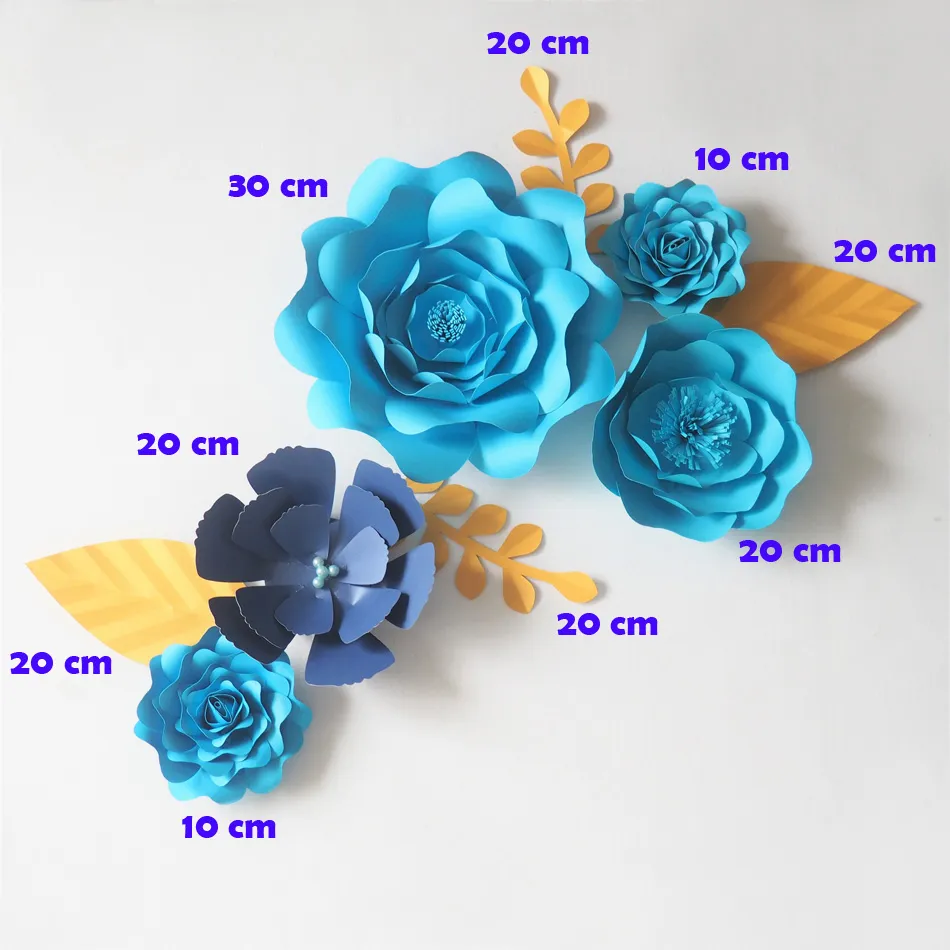 DIY Blue Gigante Papel Flores Fondo artificial Flor Hecha a mano 5pcs + hojas 4pcs boda DIY Blue Gigante Papel Flores Fondo artificial Flor Hecha a mano 5pcs + hojas 4pcs boda