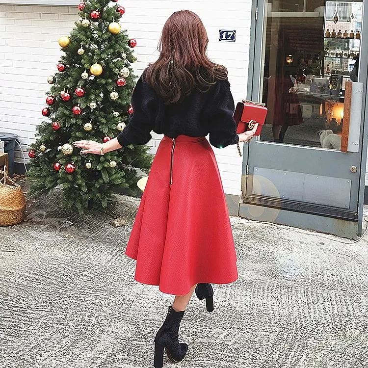 Leather midi skirt red online