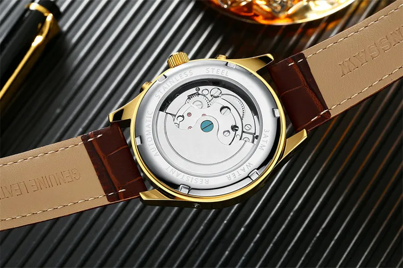 Heren Waterdichte Zwitserse Automatische Dag / Maand Tourbillon Mechanisch Horloge met Geschenkdoos China Mode Gold Horloges Echte Lederen Riem Horloge