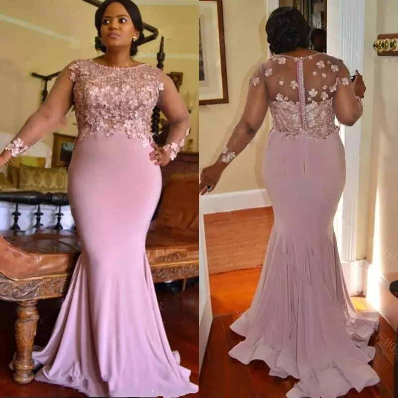 Eleganti abiti da ballo sudafricani 2018 Maniche lunghe trasparenti Plus Size Abiti da sera a sirena Perline Petali 3D Applique Abiti lunghi da ballo