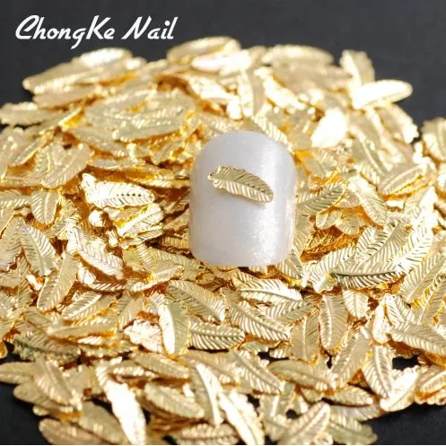 500 stks / pak 3D Nieuwe Collectie Charm Feather Shape Metal Stud Nails Art Rivet Gold Charms Nagels Accessoires 3D Nail Art Decoraties