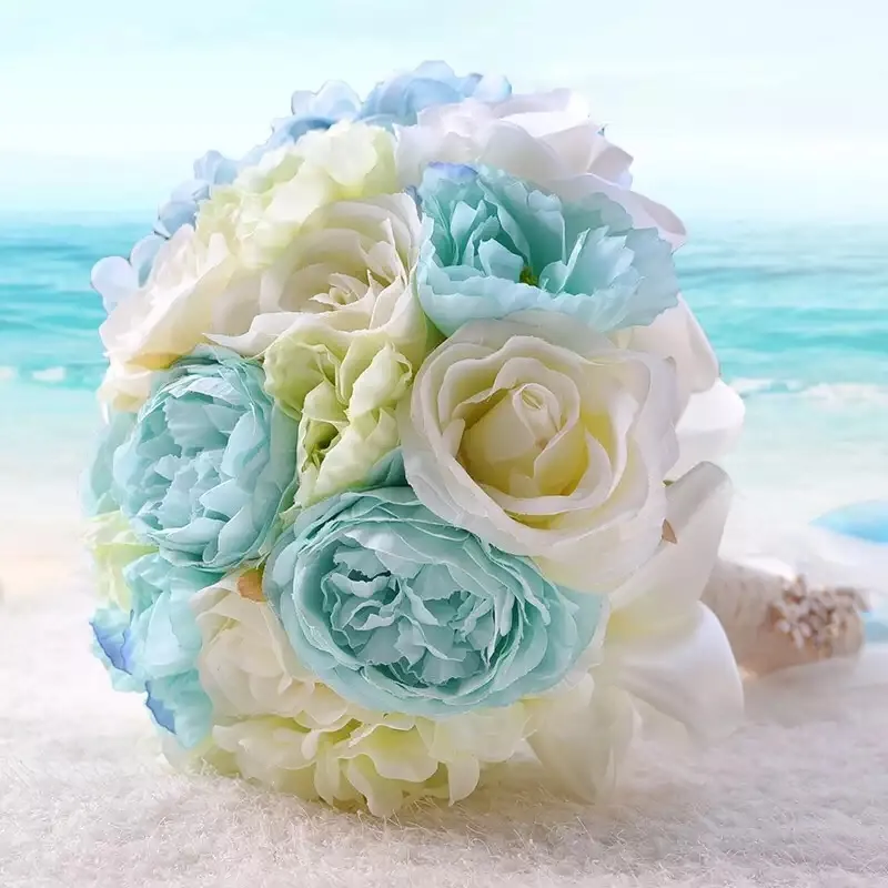 2022 strand zomer bruiloft boeketten voor bruid 2019 goedkope bruiloft bloemen D467 lichtblauwe en crèmekleur