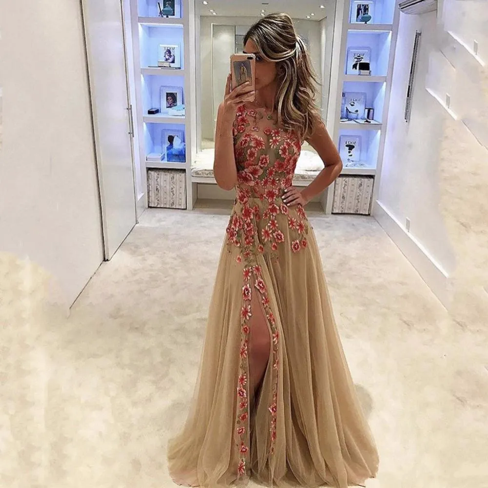 embroidery flower split prom dresses sexy jewel neck champagne evening gowns tulle a line plus size formal dress