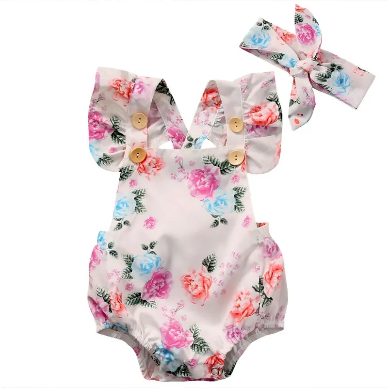 Floral bébé barboteuse vêtements ensemble 2018 été nouveau-né bébé fille à volants manches body combinaison + bandeau 2 pièces tenue Sunsuit