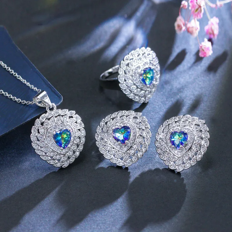 Elegante bruid sieraden set wit vergulde kleurrijke blauwe cz hart oorbellen ketting ring set Valentijnsdag cadeau voor vriendin