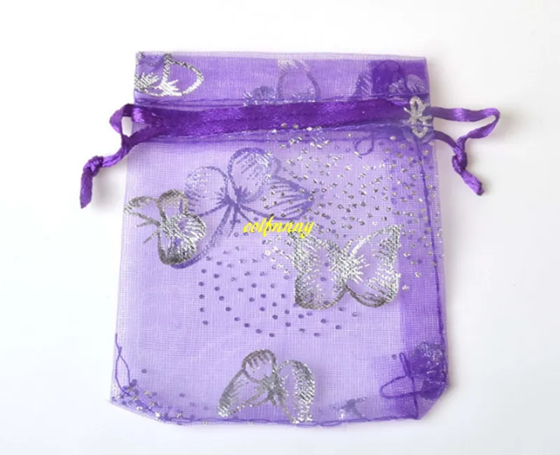 100 pièces7*9cm 9*12 11x16 13*18cm 15*20cm 17*23 20x30cm sacs cadeaux de fête de mariage argent papillon Organza bijoux sac pochette