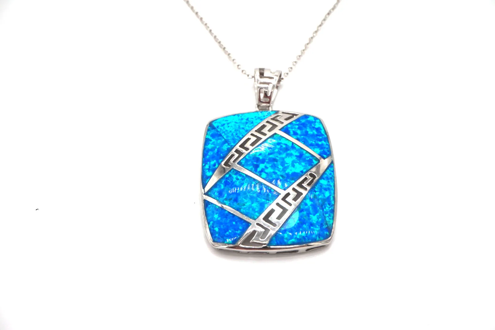 Created Blue Opal Rectangle Pendant Necklace Authentic 925 Sterling Silver Sea Blue Silver Jewelry for Women 15.74",17.71",19.68" Chain Neck