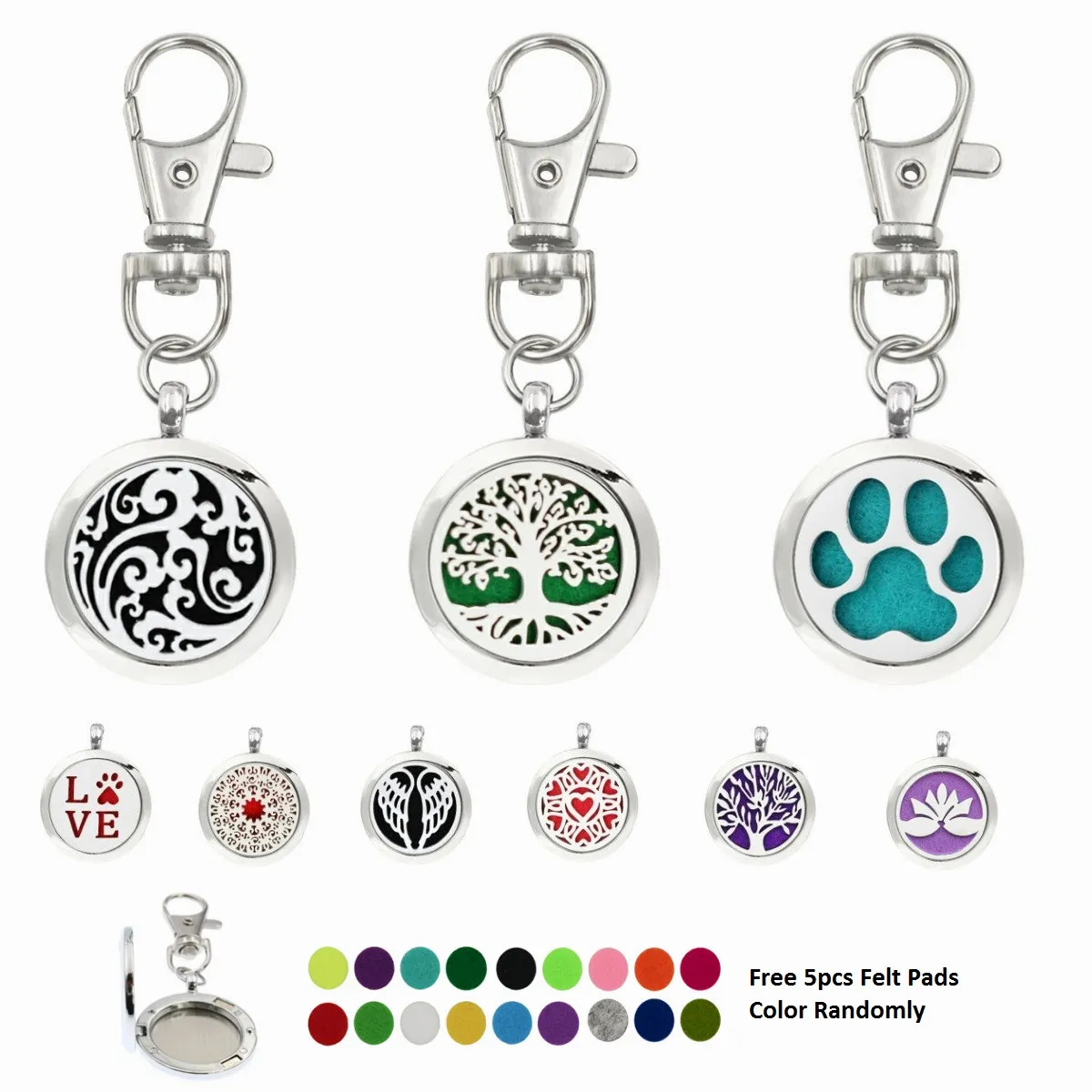 Tree of Life Round Cloud Essential Oil Arom Diffuser Parfym -locket med hummerlås Keychain Keyring med 5st -kuddar Color260V