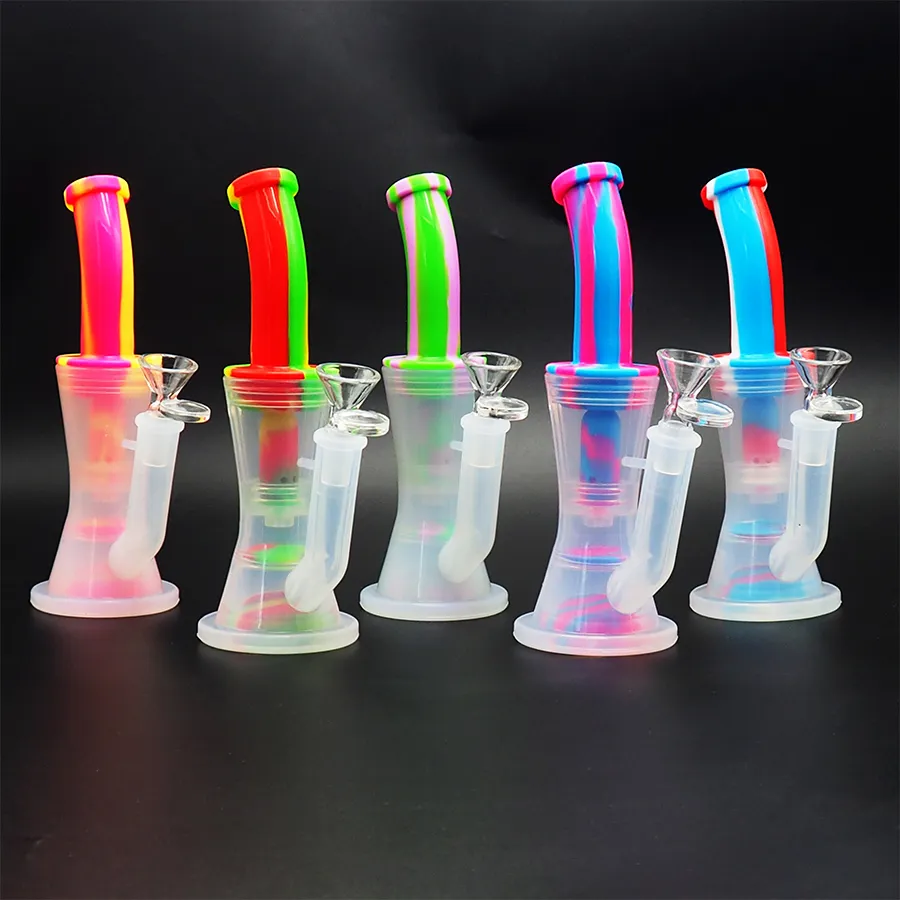 Silicone bong smoking hookah water pipe 8.3'' Double-filter oil rig portable super clear tobacco pipestem hookahs smoke bongs 14mm joint