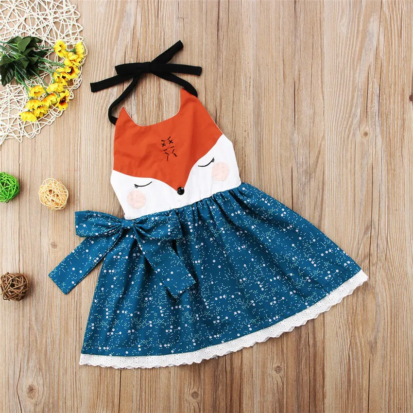 Bambini arancione blu bambini ragazze cartoon volpe faccia abiti bretelle gonna backless principessa partito bowknot tutu pizzo vestito dalla ragazza vestiti 1-6Y