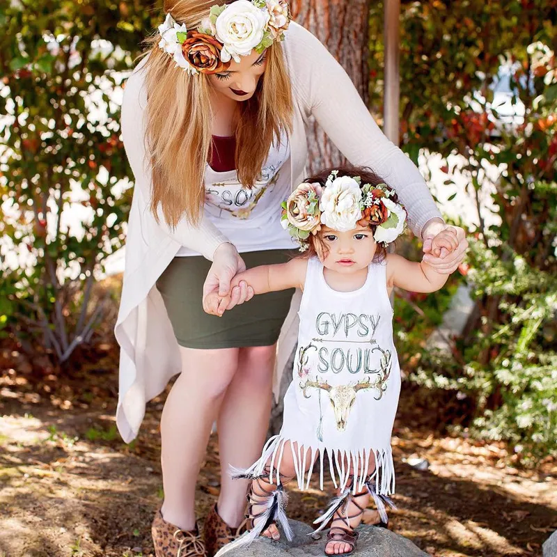 Familj matchande outfits mamma och jag kläder vår sommar hjort huvud ärmlös tröja väst spädbarn toddler tofs klänning baby romer