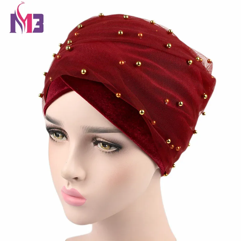 Turban Long en velours pour femmes, nouvelle mode, bandeau en maille velours, Double couche, perles dorées, écharpe Hijab musulmane, cravate