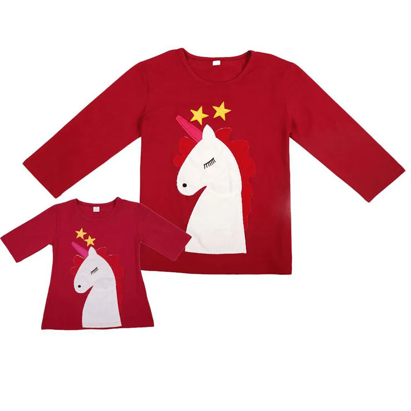 Moda Matka i Córka Ubrania Cartoon Unicorn Drukowanie Z Długim Rękawem Koszulki Topy Wiosna Jesień Dopasowywanie Stroje Family Kids 2-6T S-XL